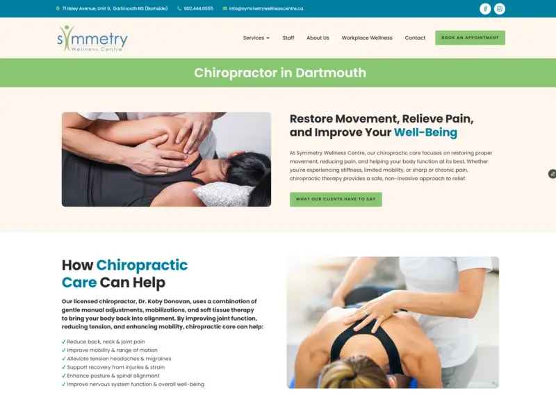 A screenshot of a chiropractic clinic website built by Red Ear
